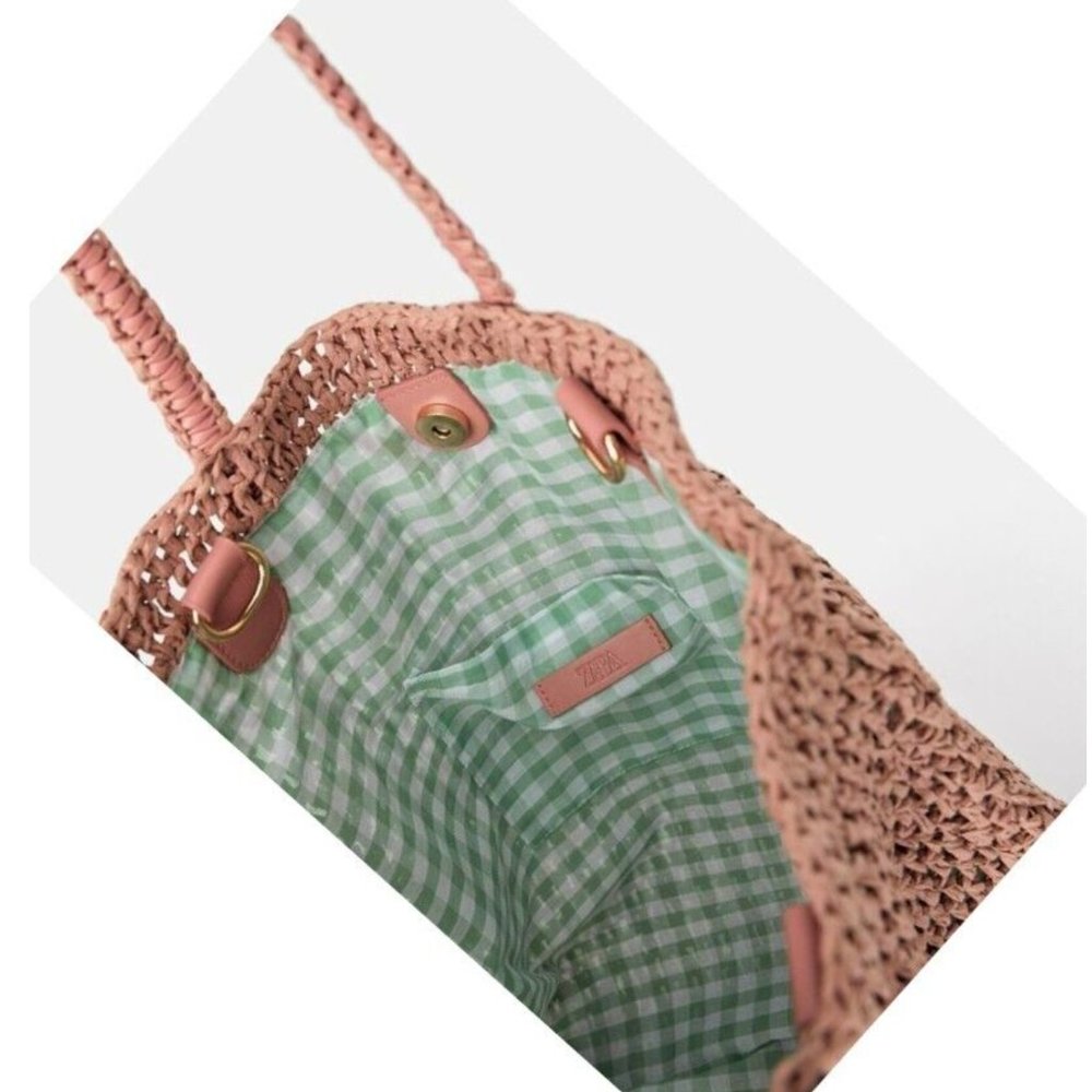 NWT Rare Zara Woven BRAID Paper Tote Summer Bag Pale Pink - Picture 11 of 13